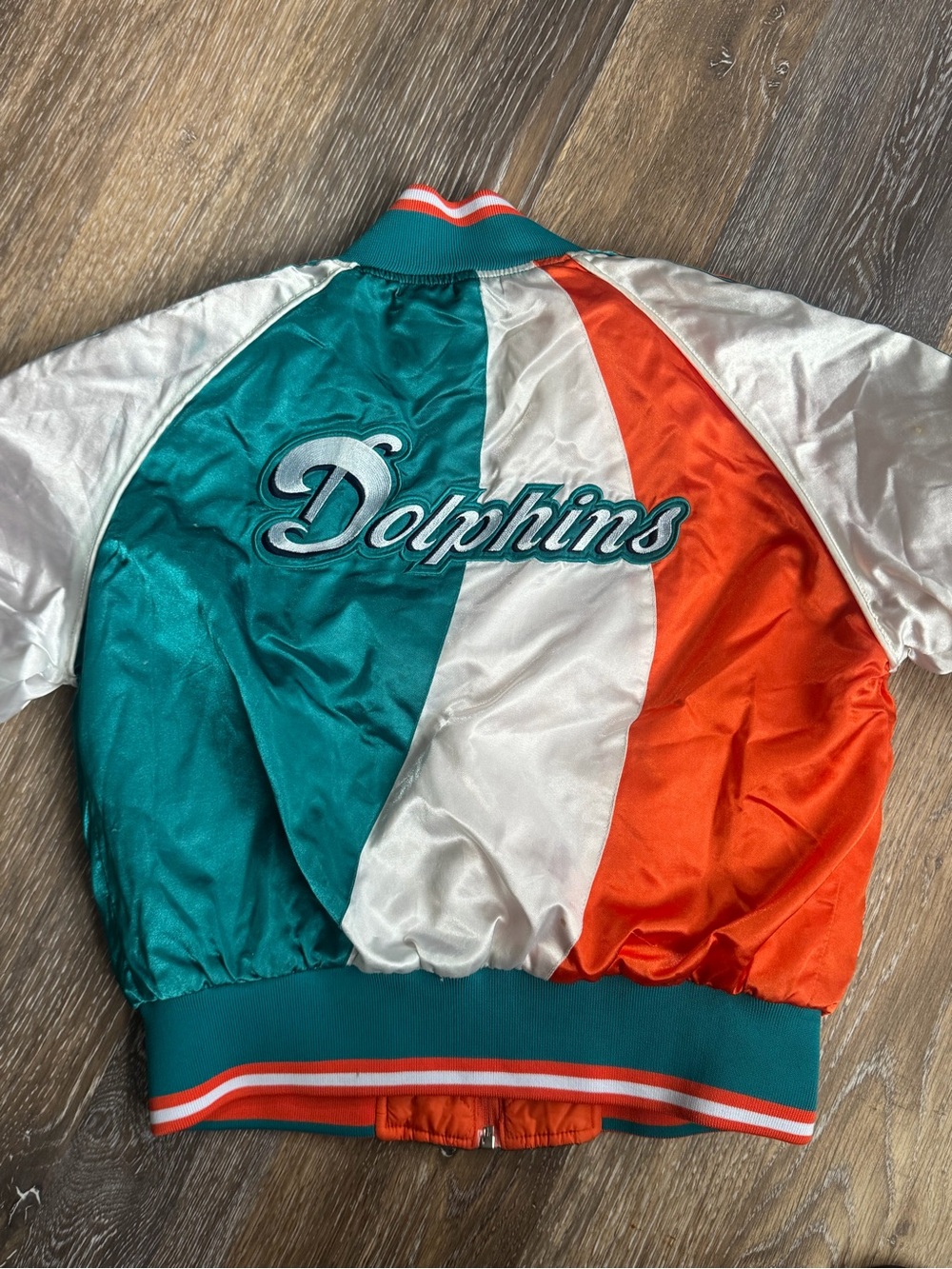 NFL Dolphins Satin Colorblock Bomber Jacket - Teal, White, Orange vintage